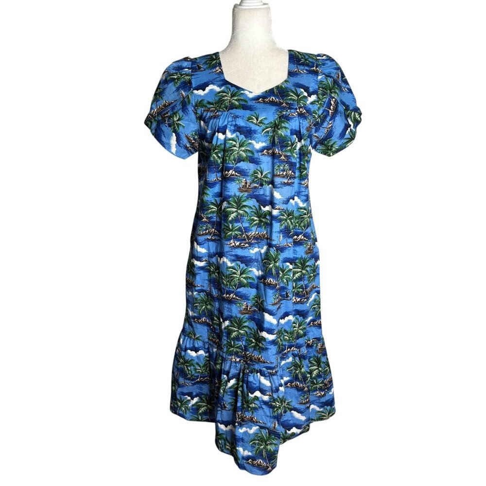 CT Hawaii Fashions Hawaiian Tropical Maxi Dress Size M Blue Short Sleeve Cotton
